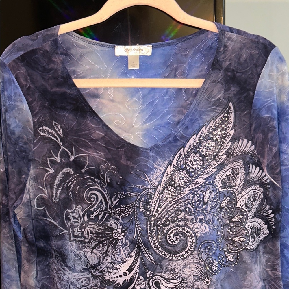 Dressbarn Women’s Blue Paisley Long Sleeve w/Sequins Top-Size Large - Picture 2 of 6